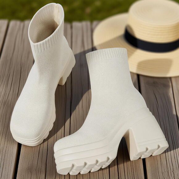 🆕Women Beige Knit Square Toe Stretch Soft Block High Heel Punk Dress Sock Boots - Picture 6 of 7